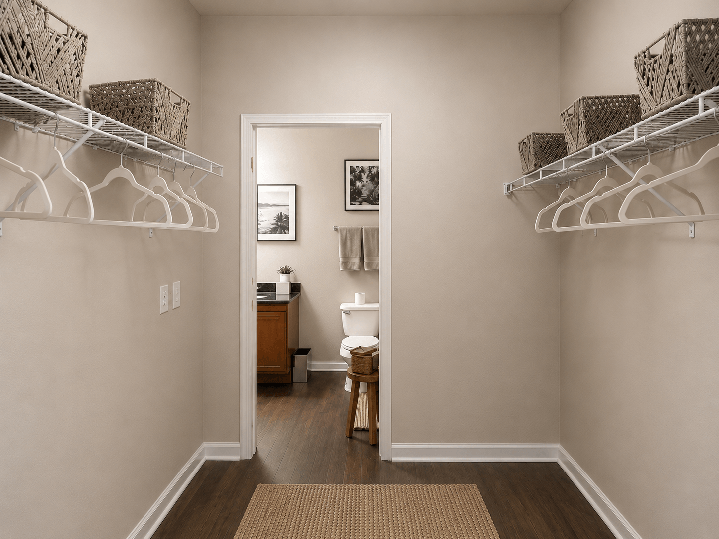 A room with a white wall and a brown rug.
